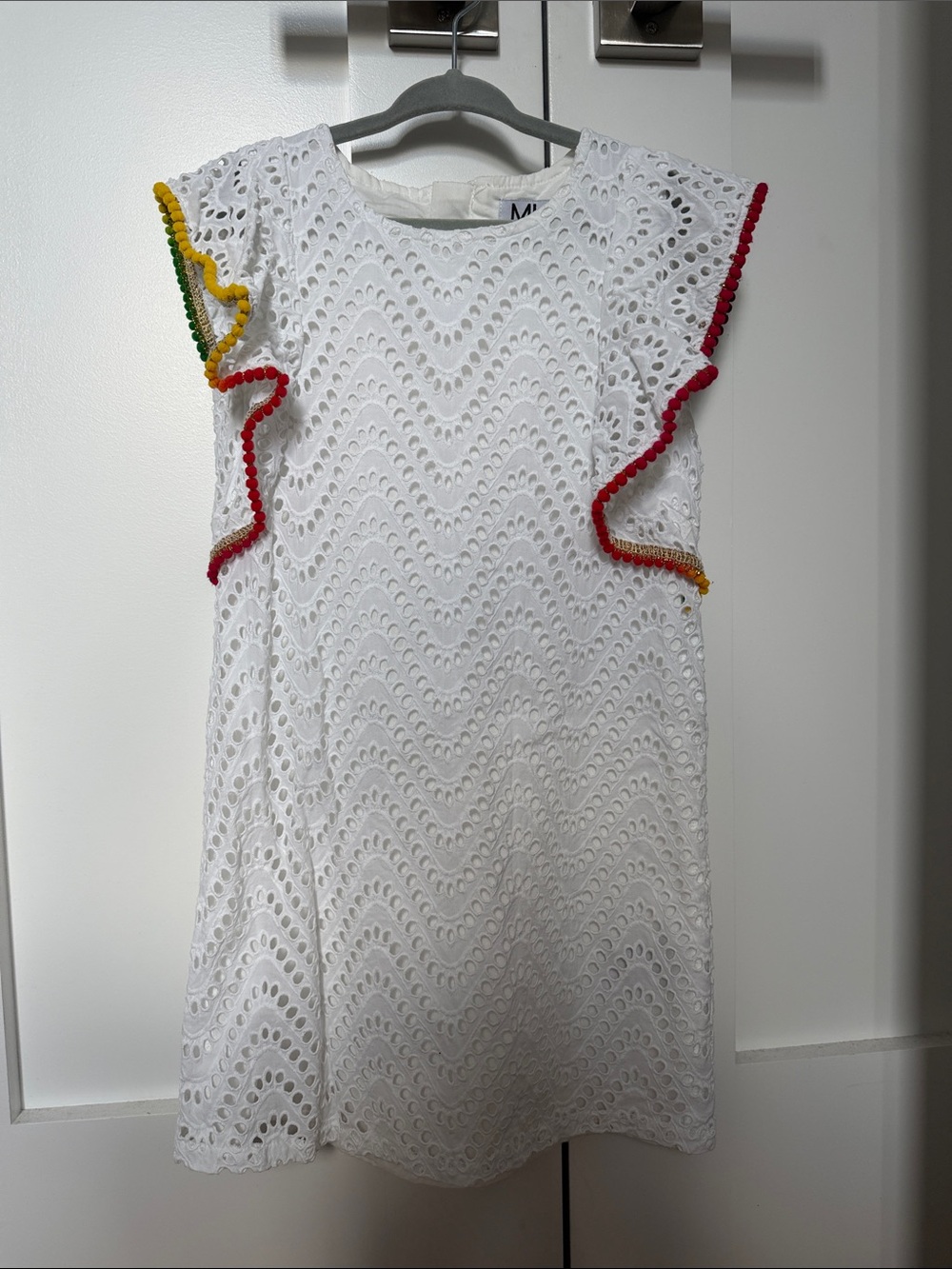 MIA White Eyelet Dress with Red, Yellow & Green Trim